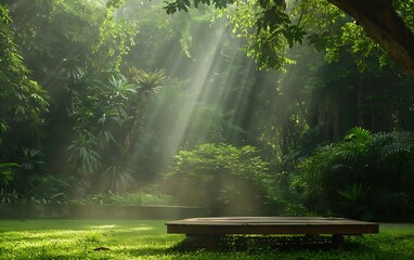 Poster - A serene forest scene with dappled sunlight filtering through lush greenery, highlighting a tranquil wooden platform.