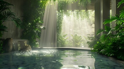 Poster - A serene indoor space featuring a tranquil pool, cascading water, and lush greenery, illuminated by soft, natural light.
