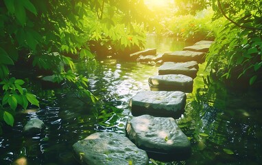 Poster - A serene path of stepping stones leads through lush greenery beside a sparkling stream, illuminated by warm sunlight.