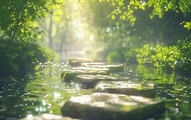 Poster - A serene pathway of stepping stones leads through lush greenery by a tranquil body of water, illuminated by gentle sunlight.
