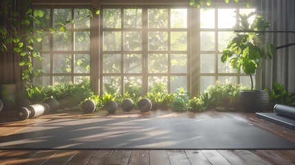 Poster - A serene indoor space filled with sunlight and lush greenery, perfect for yoga or meditation, featuring a yoga mat and weights.
