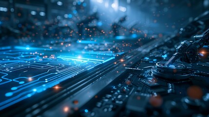 Aufkleber - A close-up view of a futuristic circuit board with glowing blue lines and intricate details, representing advanced technology and electronics.