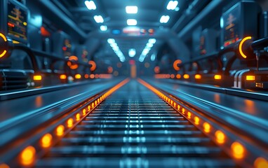Poster - A futuristic corridor with illuminated rails and advanced technology, showcasing a high-tech industrial environment.