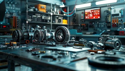 Fototapete - The image showcases an organized workshop with various mechanical components spread across a table, highlighting a focus on engineering and precision.
