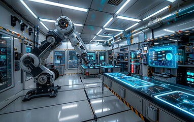 Poster - A futuristic robotic lab with illuminated displays, featuring a robotic arm and various high-tech equipment on sleek surfaces.