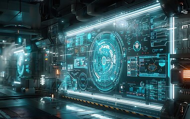 Poster - A futuristic digital interface with glowing blue graphics and data displays, set in a high-tech environment.