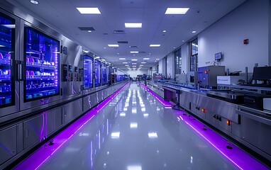 Aufkleber - A futuristic laboratory corridor with glowing purple lights and advanced technological equipment lining the walls.