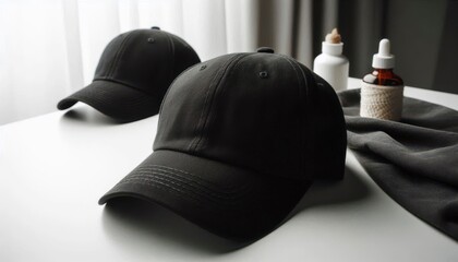 Plain black baseball cap hat front view lying on white table top
