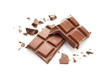 Two broken pieces of a milk chocolate bar with crumbs isolated on a white background, creating a tempting image for chocolate lovers