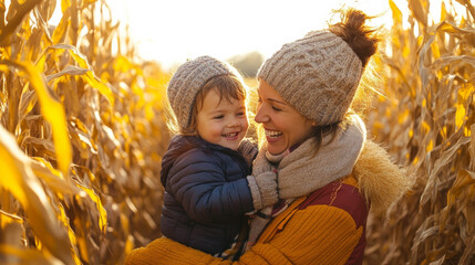 Mother and her child navigating through a tall corn maze, laughing as they try to find their way out on a crisp autumn afternoon , woman and kid Autumn Corn Maze Adventure concept image