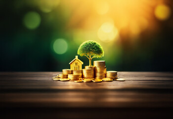 A small wooden house sits atop a stack of gold coins with a small tree growing out of the top.