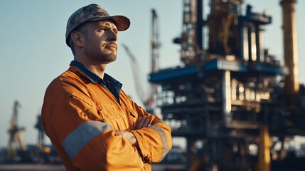 Poster - A confident worker in an orange uniform stands with crossed arms at an oil rig, symbolizing strength and dedication in the energy sector.