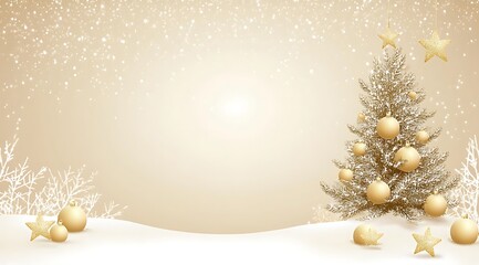 Wall Mural - A background of a Christmas tree, golden balls, and stars on the snow in front of it. The colors are beige with gold and white tones