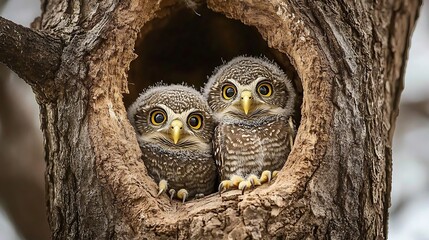 An adorable image of two tiny spotted owlets peeking out of a cozy tree cavity, with their big round eyes and fluffy feathers making them look incredibly cute and endearing.