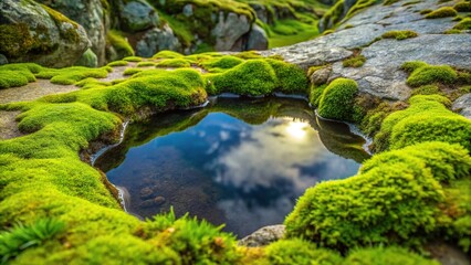 A small puddle of green water collects in a shallow depression on a weathered rock face as moss and lichen grow around it, earthy, green