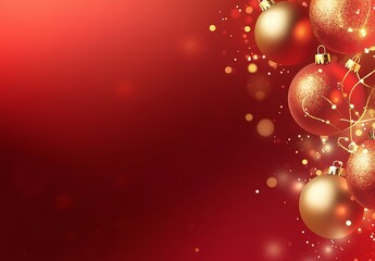 Wall Mural -  Christmas background with a red gift box and decorative elements on a red table, with space for text, copy space, banner, poster, and flat lay. Christmas card concept design