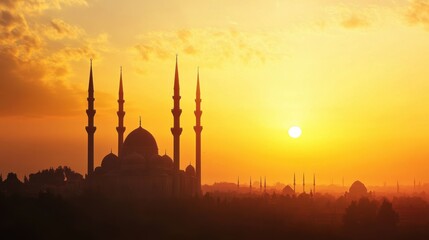 A mosque silhouetted against a golden sunrise, with the minarets towering over the peaceful