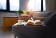 © joeycheung - A cup of coffee and an open book rest on a gray couch near a window in a cozy living room.