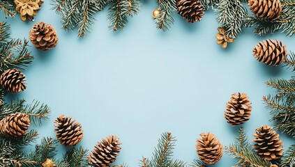 Christmas background with golden decorations, fir branches, and pine cones on a blue background. Christmas card template design for social media posts or banners