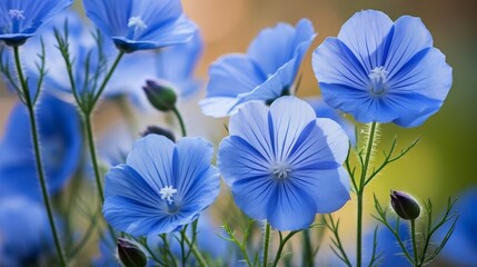 blue flax flowers blooming in a vibrant meadow on a sunny day, with delicate petals and slender gree