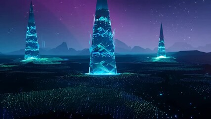 Wall Mural - 4k virtual background animation video glowing concept overlay landscape looping fantasy seamless nig