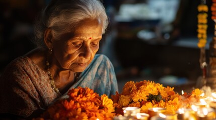 An elderly woman offering fruit and flowers at a shrine,