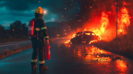 Brave Firefighter Facing Burning Car at Night