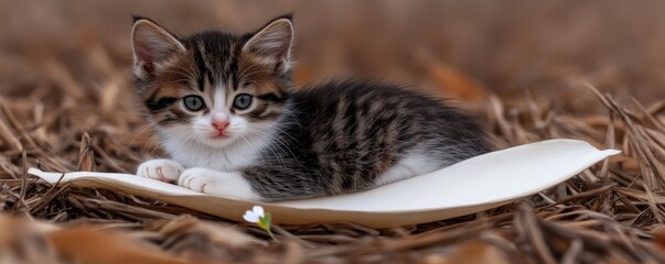 Wall Mural - A cute kitten resting on a leaf in a natural setting, showcasing its playful demeanor.