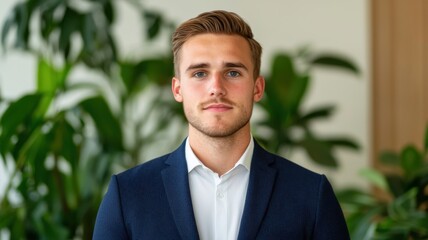 a well-dressed man stands in a green, plant-filled environment, exuding confidence and professionali