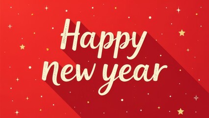 Golden and white text HAPPY NEW YEAR with red background and stars around the shining lettering. Holiday festive banner with handwriting on the bottom, red card with copy space.