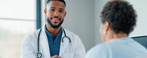 smiling male doctor in white coat consulting with patient in bright office. atmosphere is professional and caring, highlighting importance of healthcare