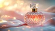 © theerachai - Sparkling Perfume Bottle: A captivating close-up of a delicate perfume bottle, glistening under a soft, warm light.