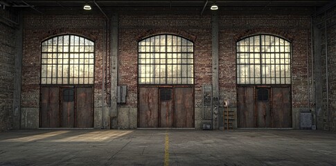 A large, empty industrial warehouse with three tall windows on the right side of an old brick wall, and two doors in the front. The walls have concrete panels painted black. There is no furniture insi