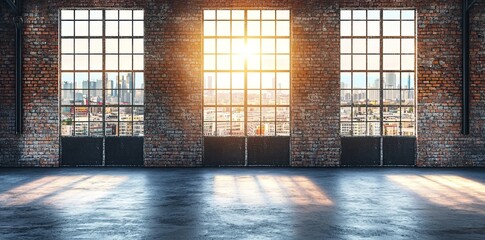 A large, empty industrial warehouse with three tall windows on the right side of an old brick wall, and two doors in the front. The walls have concrete panels painted black. There is no furniture insi