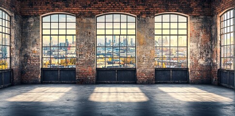 A large, empty industrial warehouse with three tall windows on the right side of an old brick wall, and two doors in the front. The walls have concrete panels painted black. There is no furniture insi