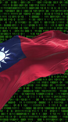 Taiwan flag - 3D realistic waving flag on matrix digital background with binary code