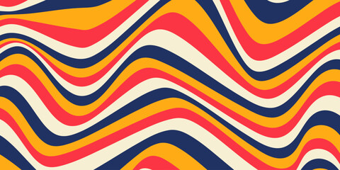 Abstract horizontal background with dynamic waves. Trendy vector illustration in style retro 60s, 70s. Red, yellow, beige and blue colors	