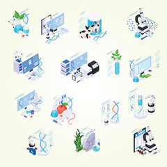 set with isolated biotechnology compositions of isometric icons with lab equipment molecular structu
