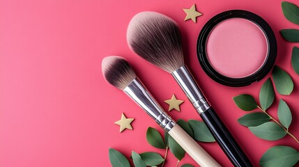 A flat lay of makeup brushes, blush, and greenery on a pink background, showcasing beauty essentials.