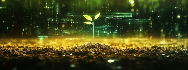 A young plant sprouts from the ground with a digital background.