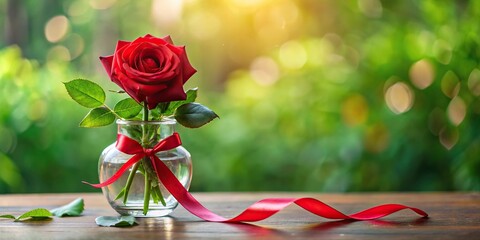 A single red rose sitting alone in a glass vase surrounded by lush greenery and ribbons, elegant decoration, floral design, greenery, solo rose, ribbons