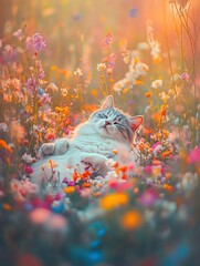 Wall Mural - A serene cat lounging among colorful flowers in a vibrant meadow.