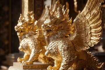 Two majestic golden mythical creatures with wings, intricately carved, showcasing traditional craftsmanship and grandeur.