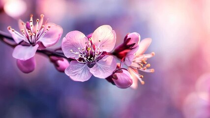 Wall Mural - A delicate pink flower blooms on a branch in the springtime