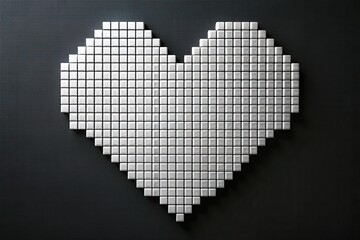 Minimalist geometric heart design made up of small white squares on a black background, geometric, shape