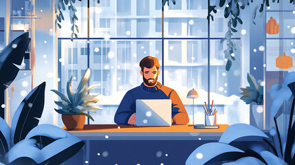 focused entrepreneur working in wintery co working space, surrounded by plants