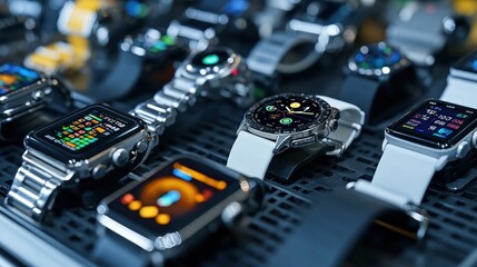 A display of various smartwatches and fitness trackers.