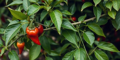 Wall Mural - Organic red hot chilli pepper hanging on branch with green leaves, flavor, farm