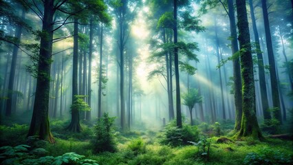 Wall Mural - Dense forest with towering trees and a misty atmosphere, woodland scene, misty dawn