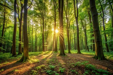 Wall Mural - Dense foliage with sunlight filtering through trees, creating a dappled effect on the forest floor, greenery, nature, foliage, forest, forest floor